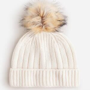 J. Crew NWT Chunky Ribbed Knit Pom Pom Beanie Hat Wool Blend White